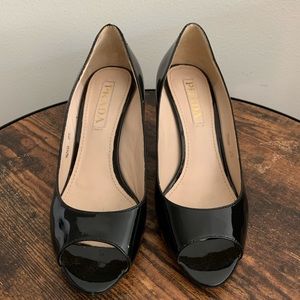 prada black patent leather open toe pump